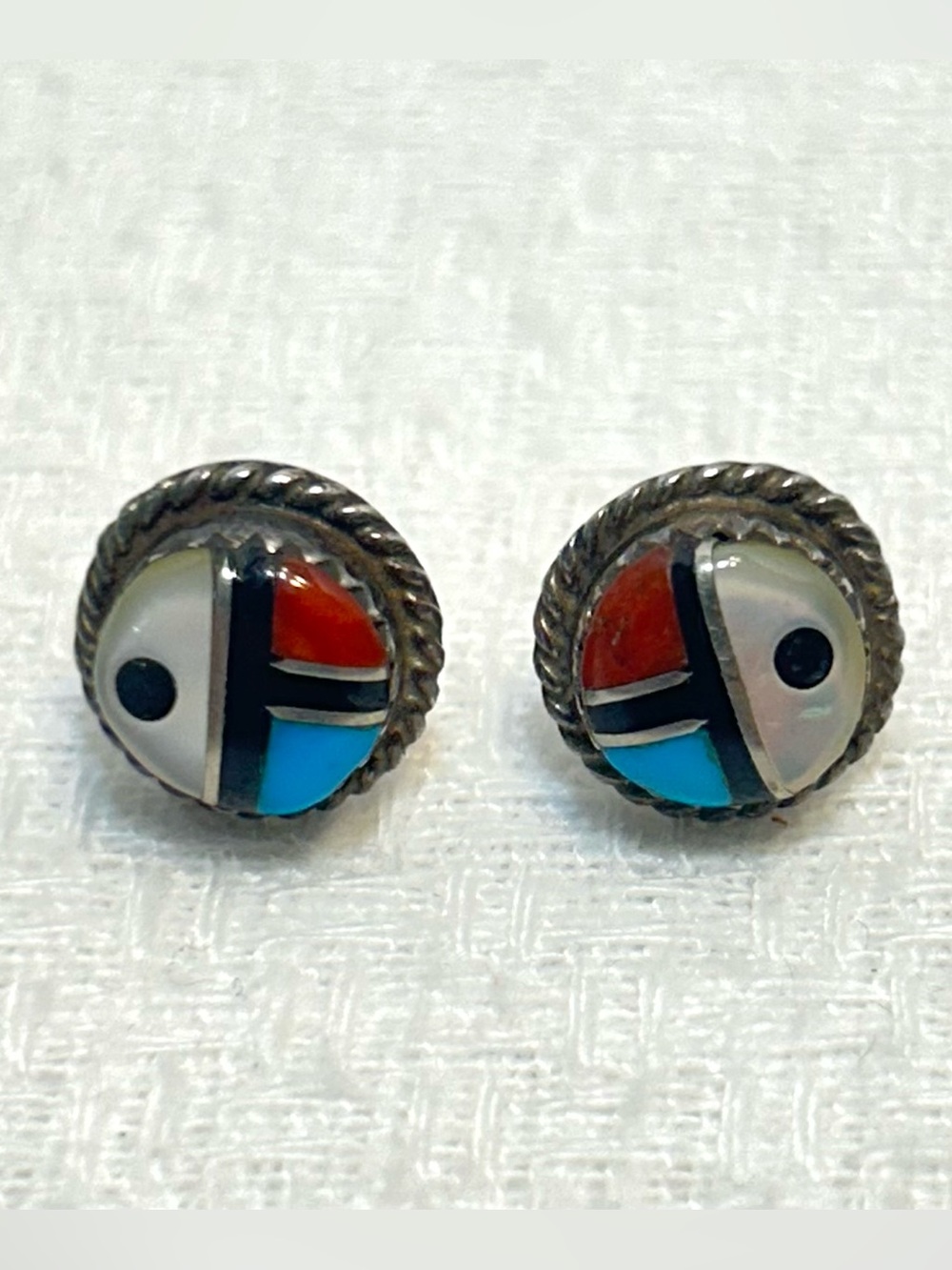 VTG Sunface Turquoise Coral Jet Mother of Pearl Intarsia Inlay Earrings 925